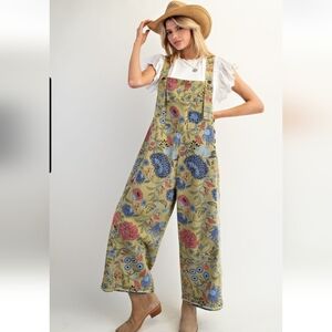 Easel Sage Green Washed Denim Floral Overalls Jumpsuit New